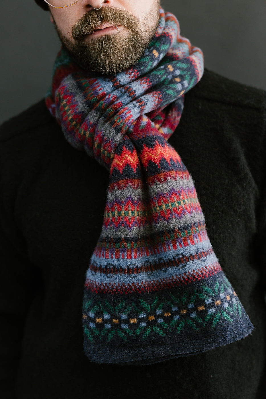 multicolored, patterned wool scarf with a navy base on a bearded man with a chocolate beanie, close up