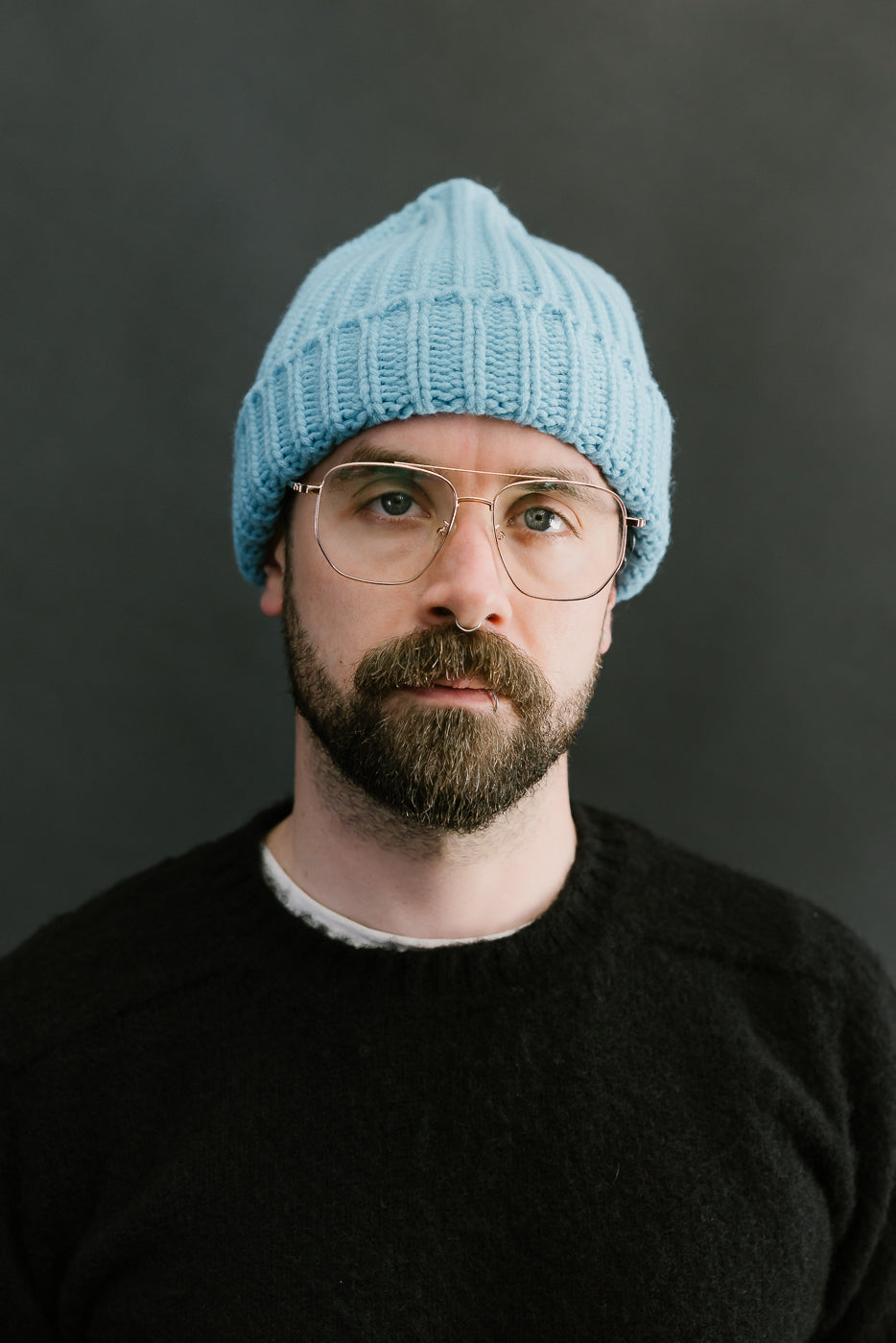 aquamarine ribbed chunky beanie, watch cap on bearded man, front view