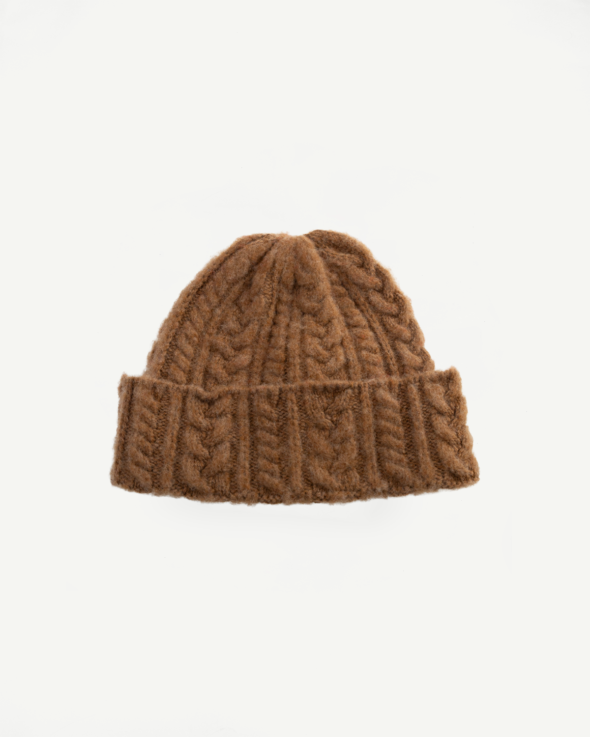 Brown cable knit festival hat flat lay, front view, textured wool, casual accessory from Dant