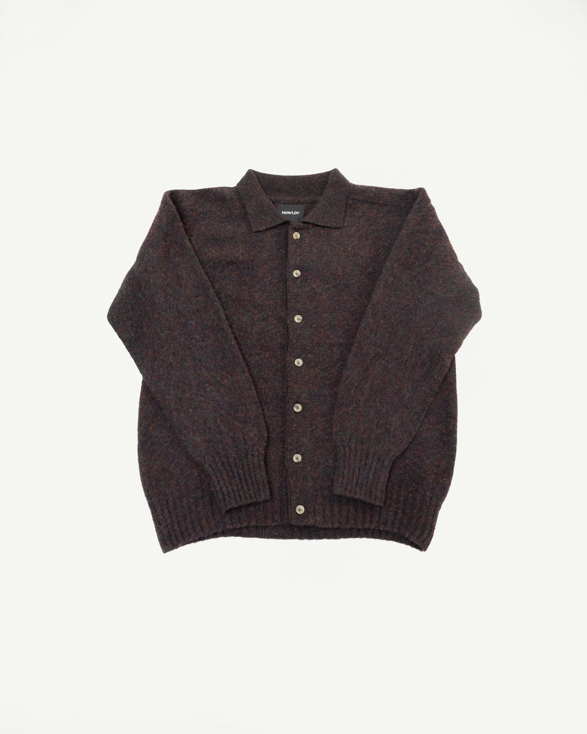 Front flat lay of brown Howlin knit button-up cardigan, ribbed hem and cuffs, spread collar