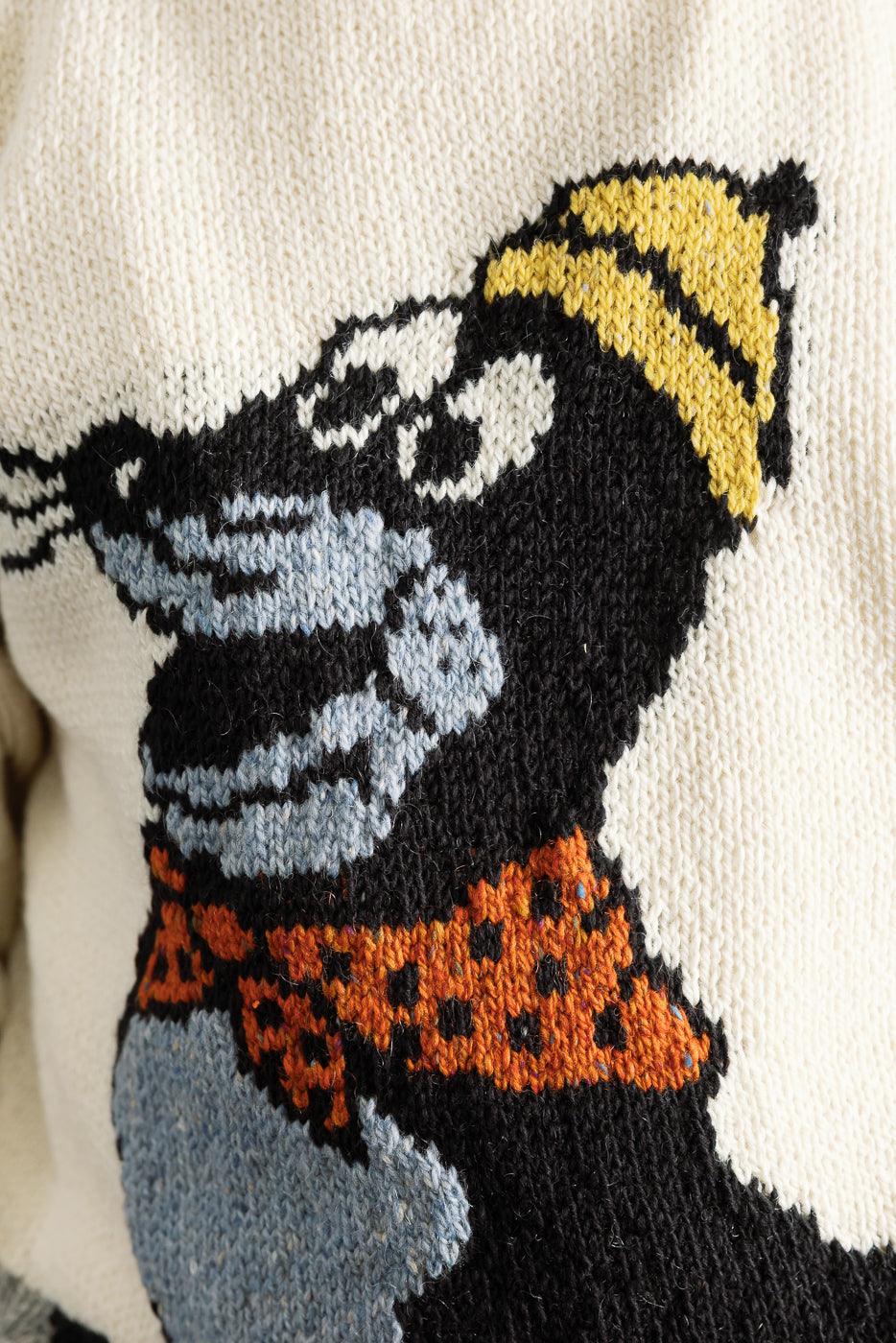 Close-up of front chest knit detail on cream sweater, featuring cartoon dog design with yellow hat and orange scarf, contemporary casual apparel from Dant.