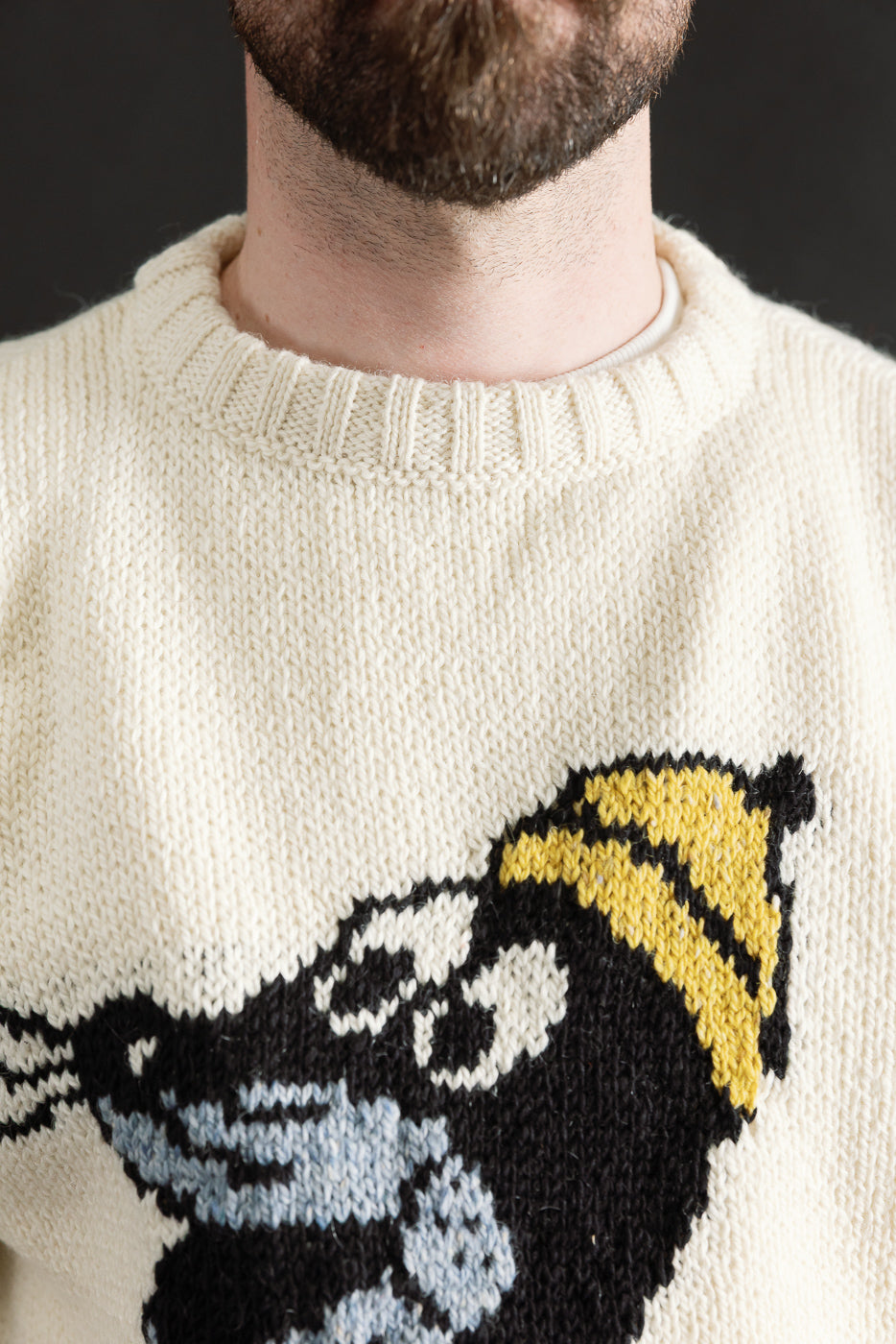 Close-up of front upper chest on cream knit sweater with cartoon graphic, worn by male model, 5'9