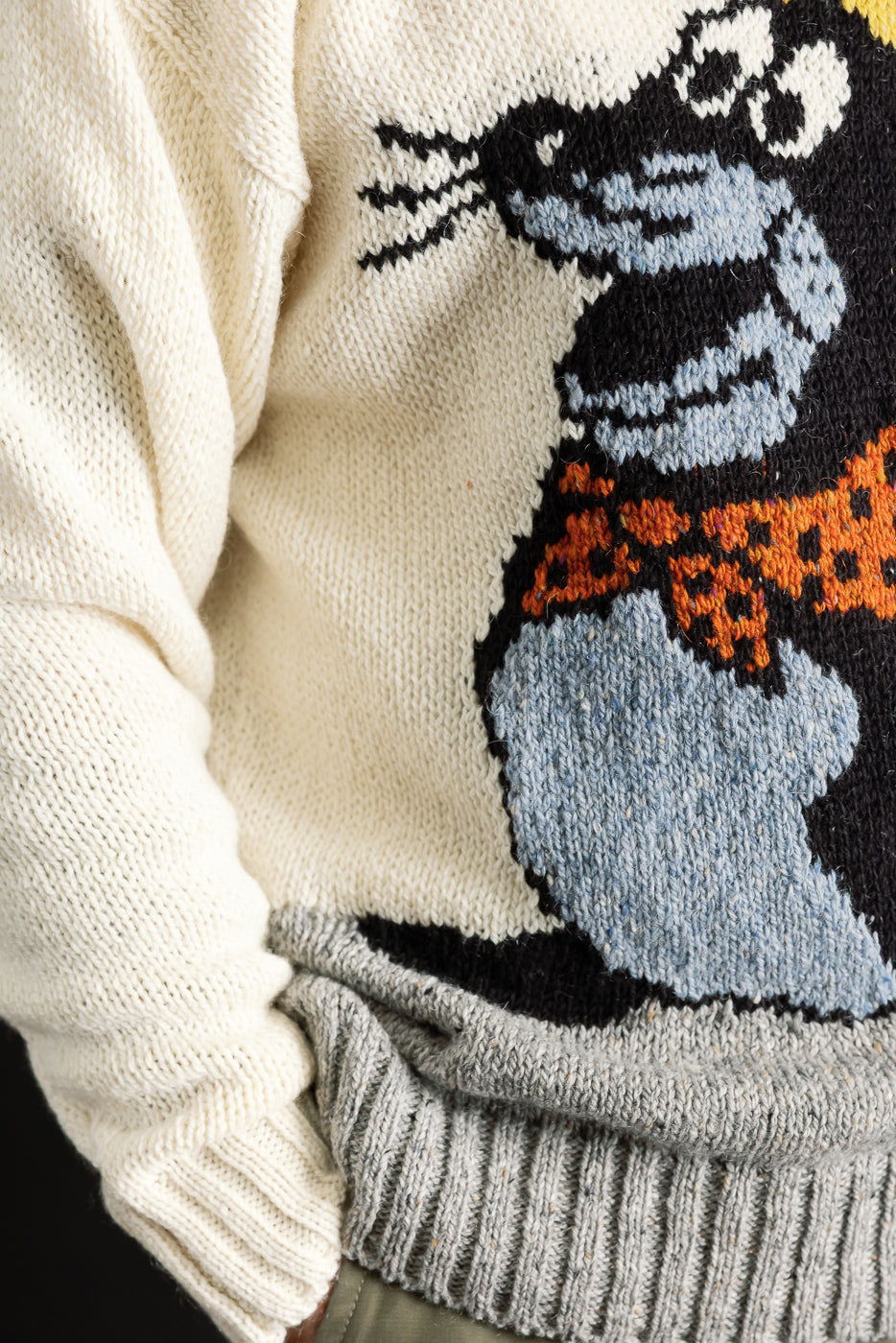 Close-up of front graphic knit sweater, ribbed hem, worn by male model 5'9 165lbs athletic