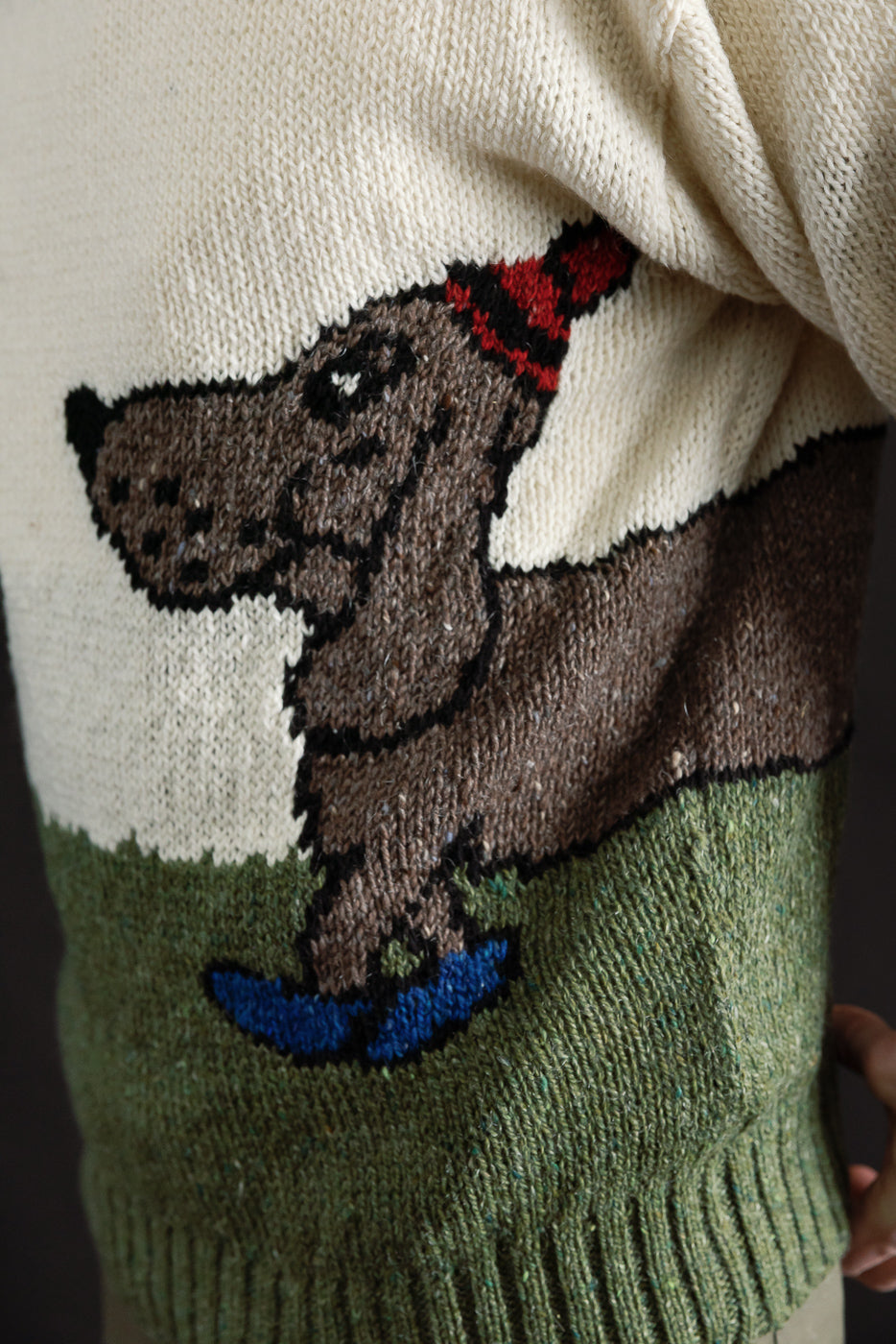 Close-up of front left side of ecru knit sweater featuring large dog graphic and ribbed hem, worn by male model, 5'9