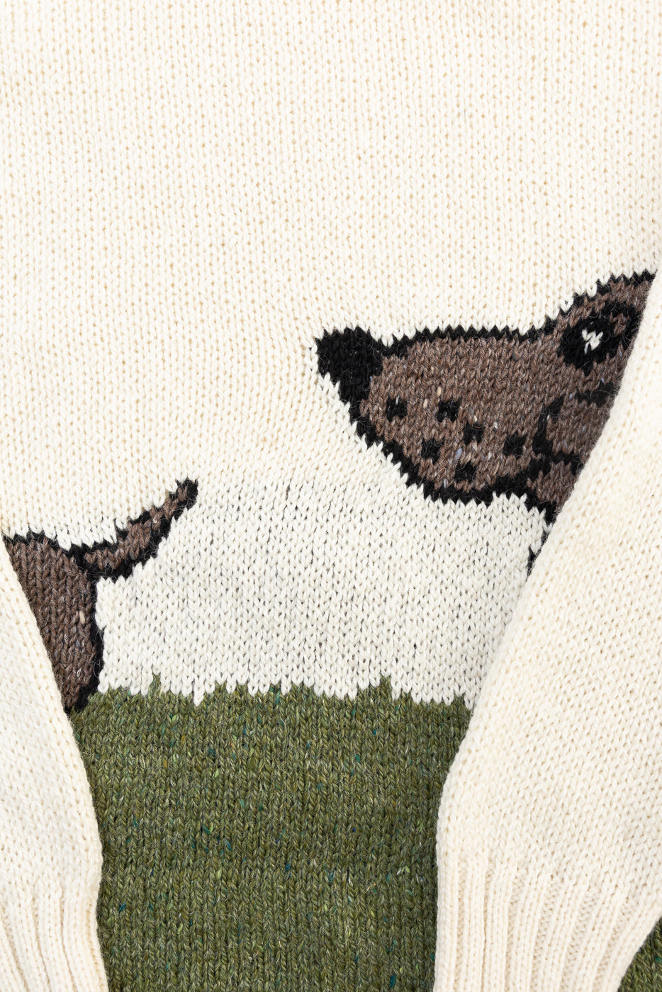 Close-up of front knit sweater in ecru, featuring brown dog graphic and green grass detail from Dant.
