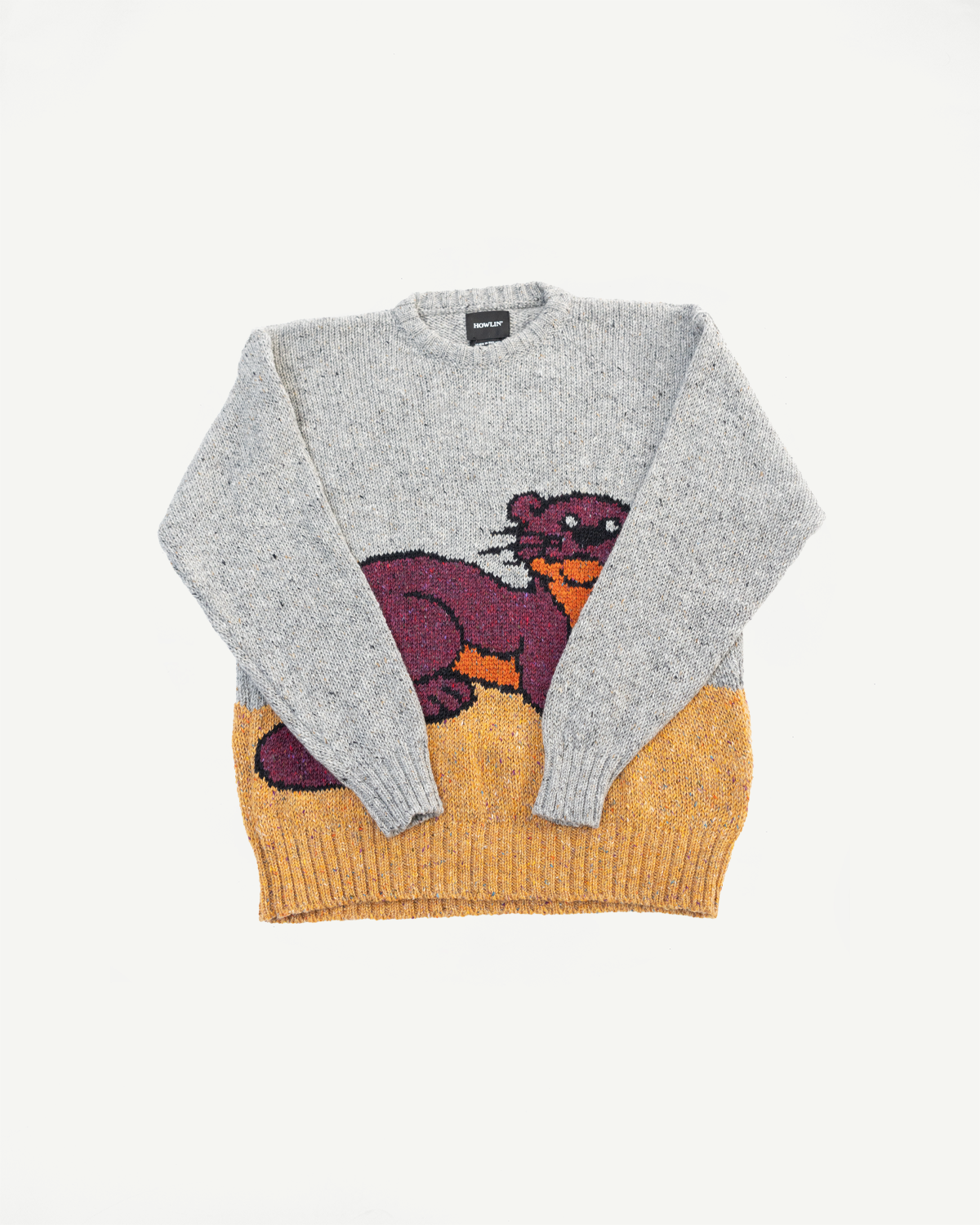 Flat lay front view of a Howlin' Stranger in Paradise popover sweater in grey with otter graphic, ribbed hem and cuffs.