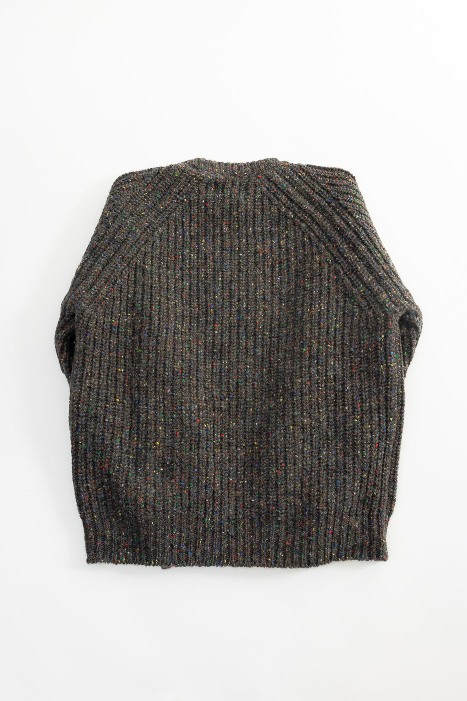 Back view flat lay of Howlin' Taste of the Future pullover sweater, ribbed knit texture, multicolor speckles