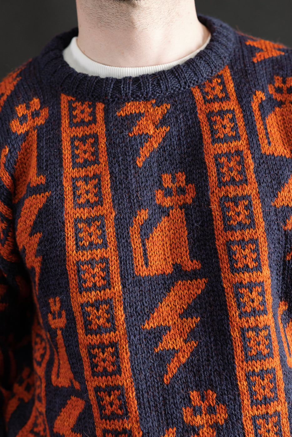 Close-up front of men's navy popover sweater, orange knit cat and lightning motifs, crew neck, model male 5'9