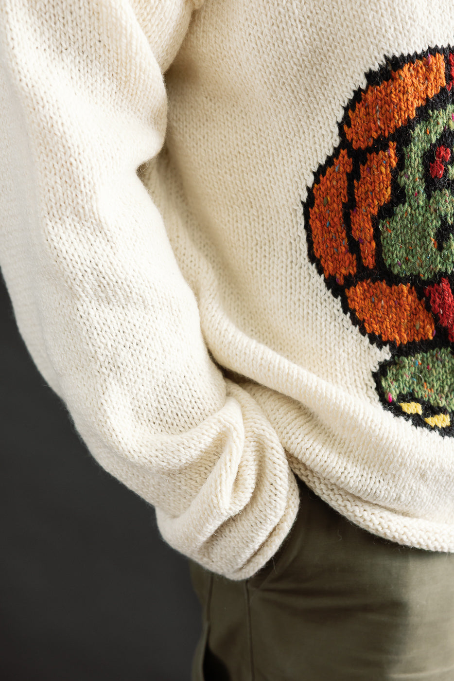Close-up of male model’s left side wearing ecru knit sweater with turtle graphic, showing sleeve texture and midsection. Model is 5'9