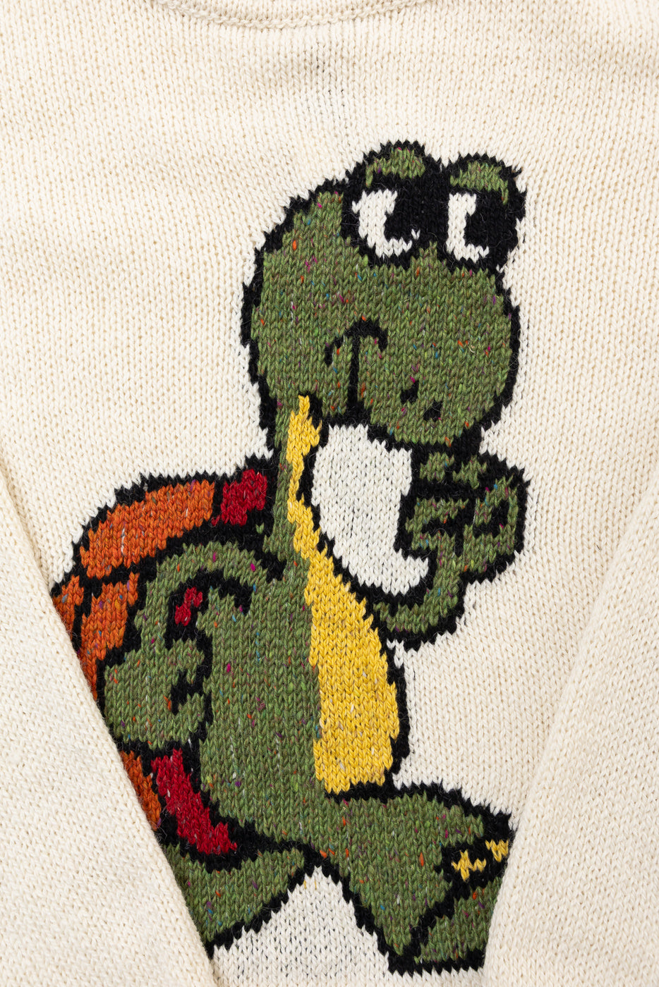 Close-up of front ecru knit sweater featuring colorful cartoon turtle graphic, Dant casual apparel