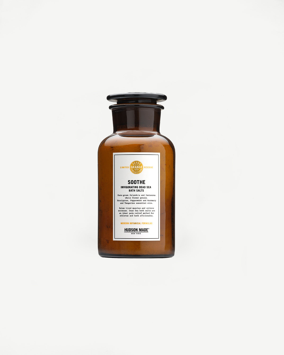 Hudson Made Soothe Bath Salts in amber glass jar, front label, product close-up