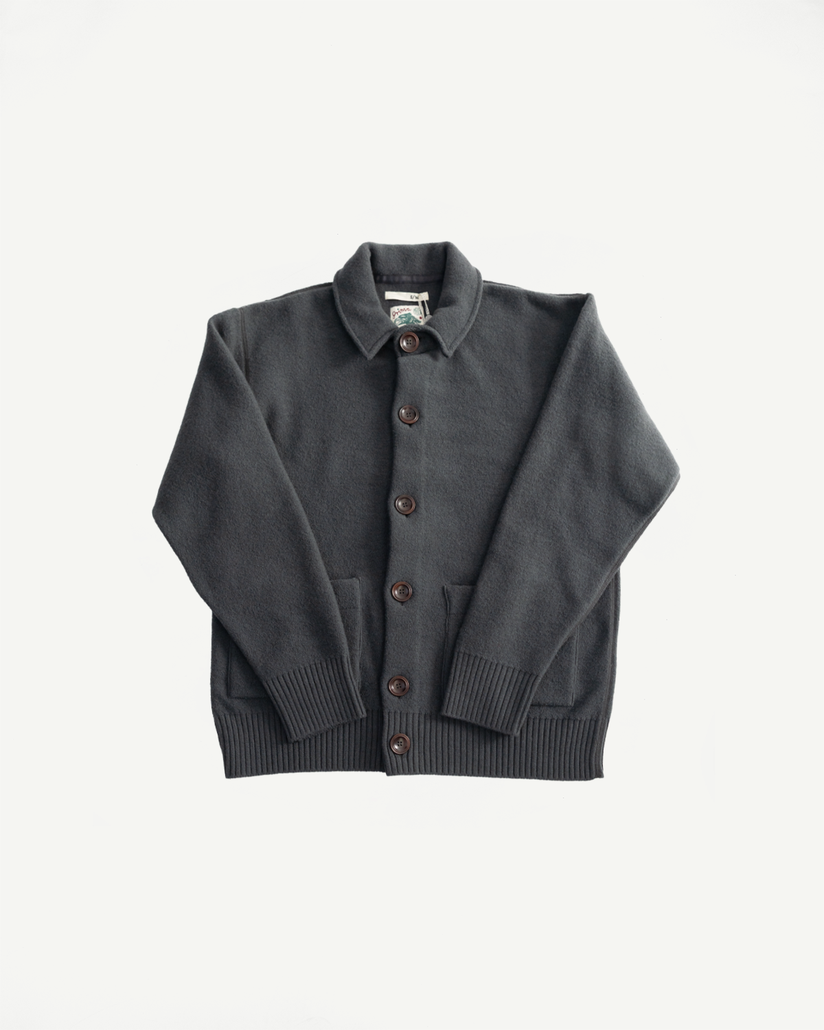 Indigofera Brewster boiled wool dark grey men's shirt jacket with button-front, flat lay