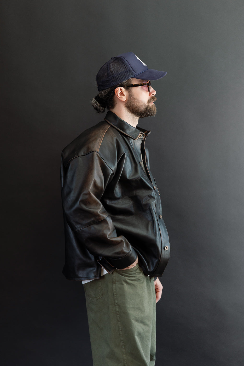 Side profile, full body view of a 5'9