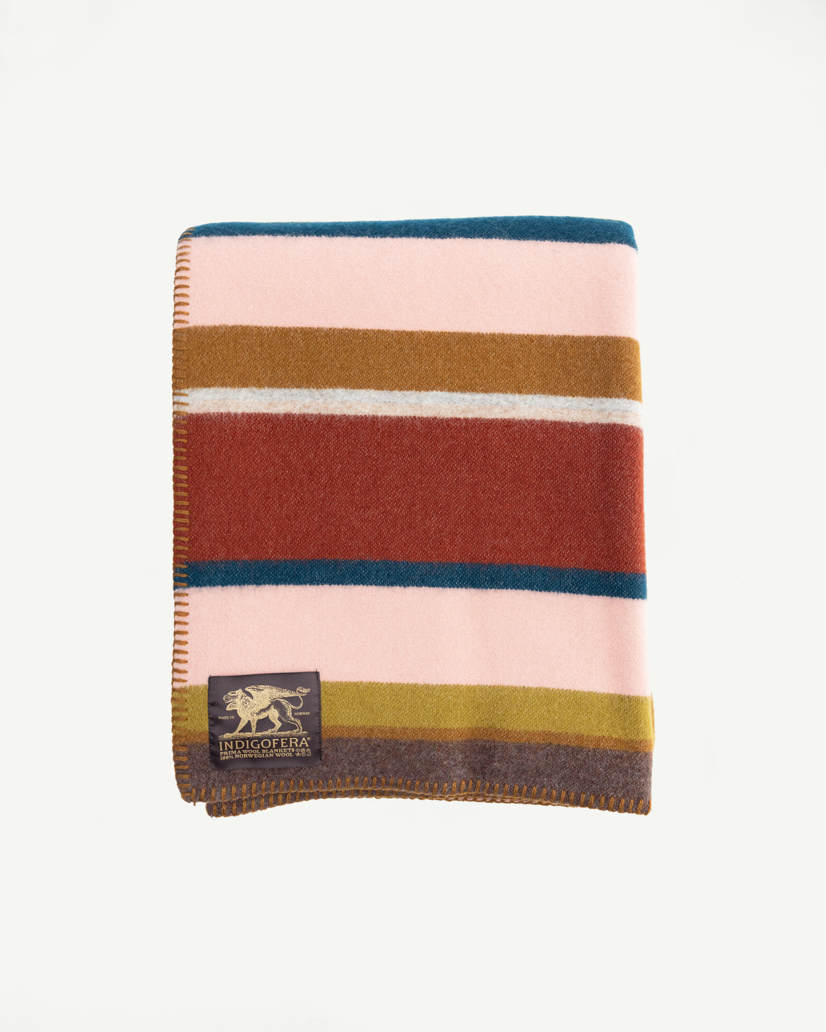 Striped blanket with a brand logo on a white background, folded in a square