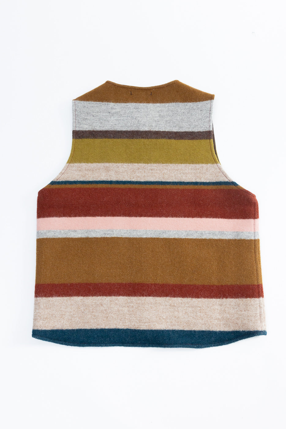 Back view of striped sleeveless vest with multicolor horizontal bands and textured fabric.