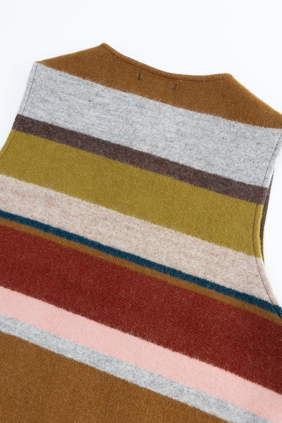 Close-up of striped sweater back, showcasing fabric texture and collar detail