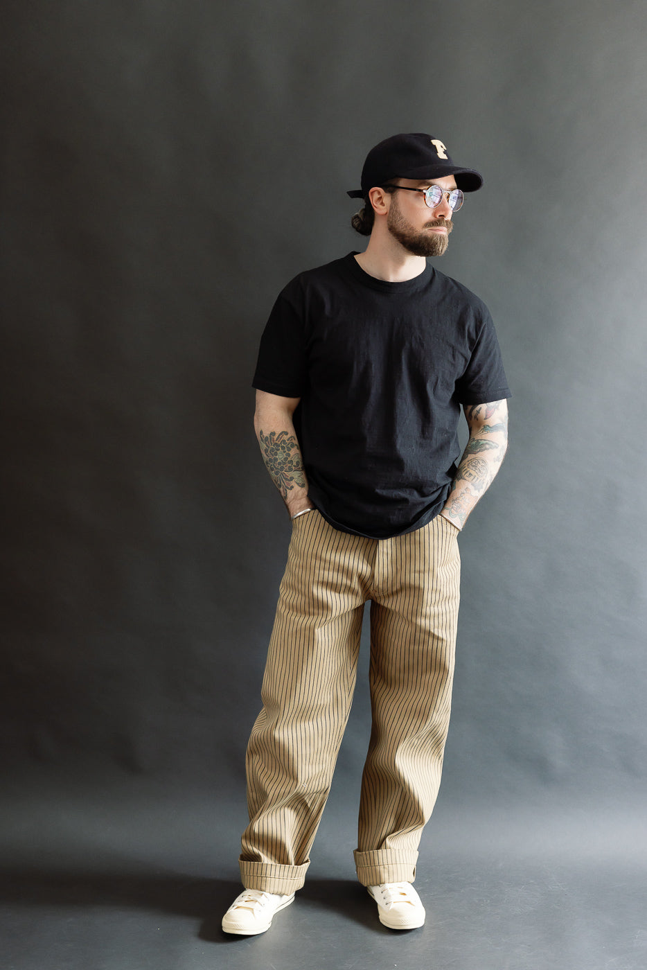 Full body front view of male model 5'9