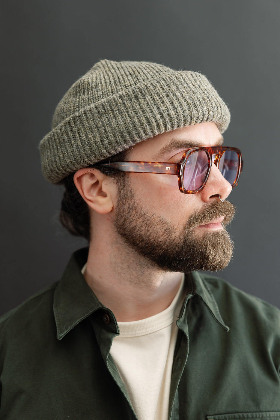 Close-up side profile of a male model wearing tortoise shell sunglasses and a grey ribbed beanie.