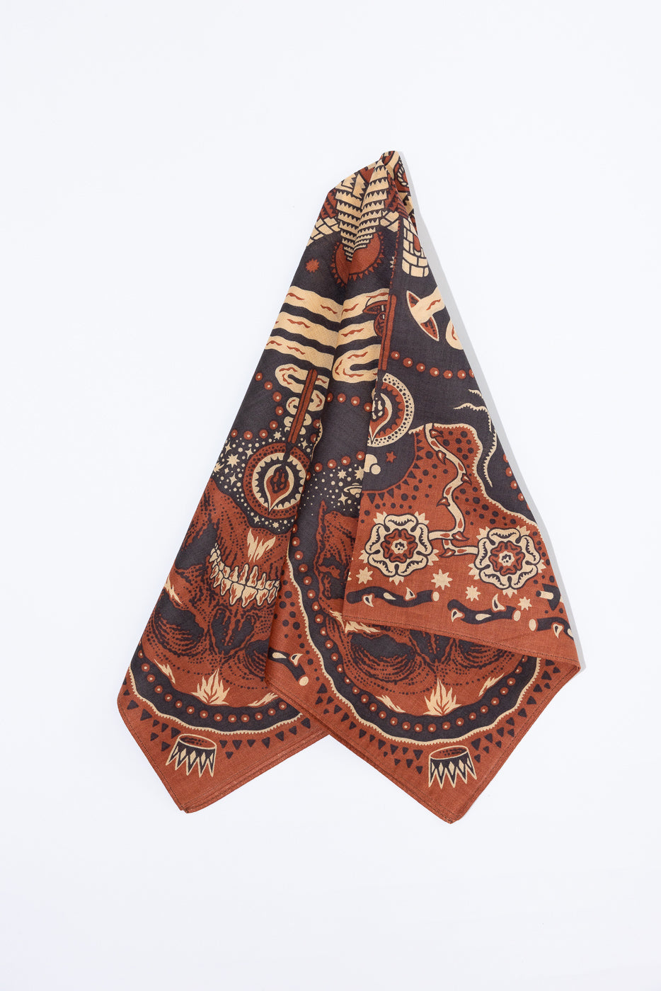 Front view of patterned bandana with intricate designs, showcasing detailed fabric texture and bold colors.