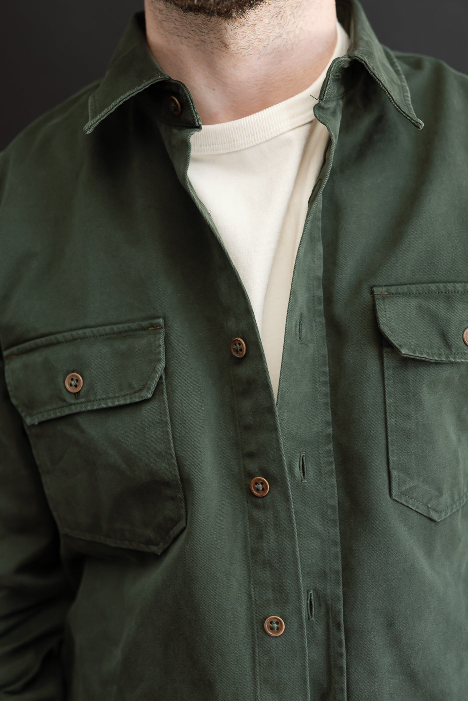 Close-up front view of a male model wearing a dark green button-down shirt over a white t-shirt.