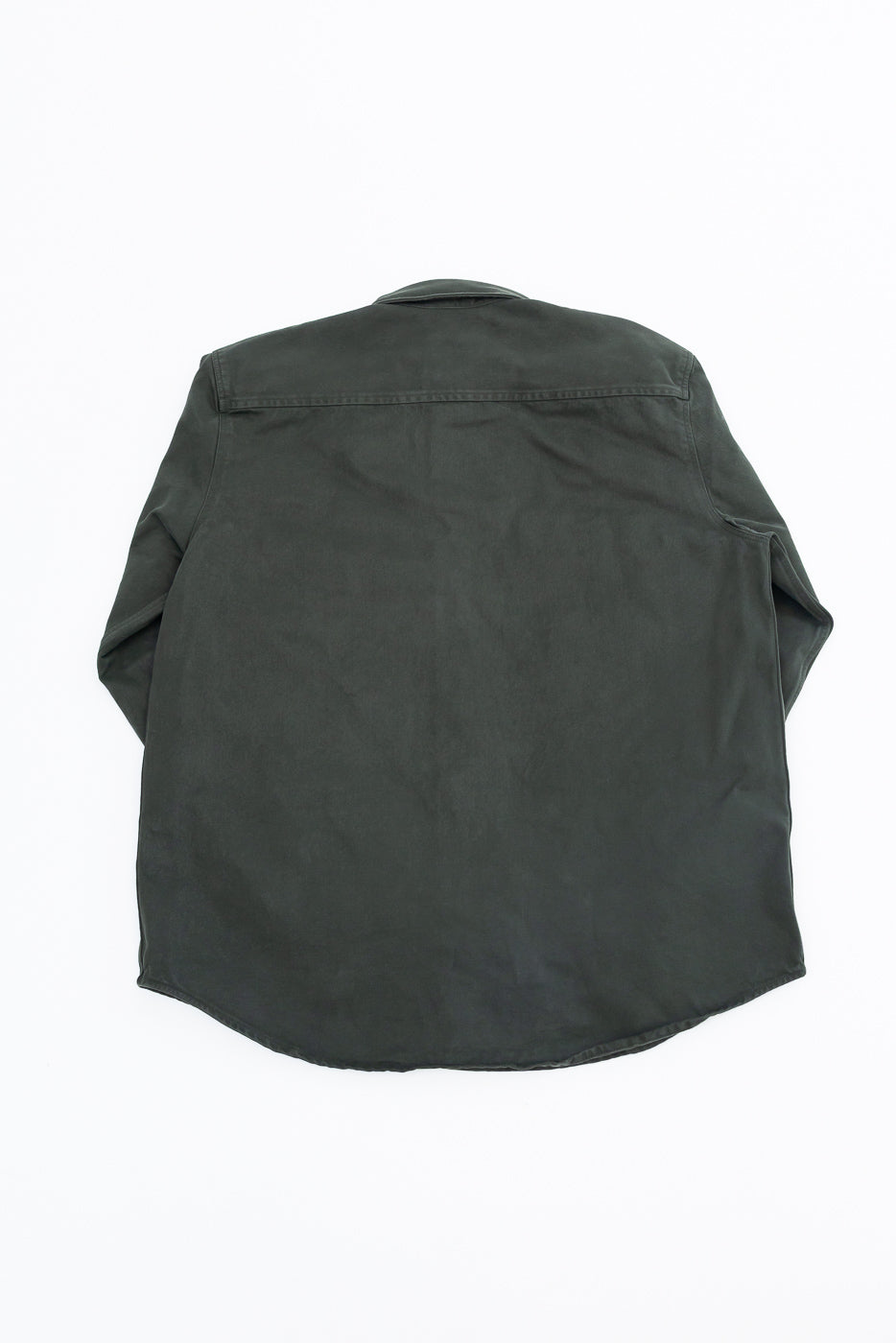Flat lay showing the back of a dark grey casual long-sleeve button-down shirt.