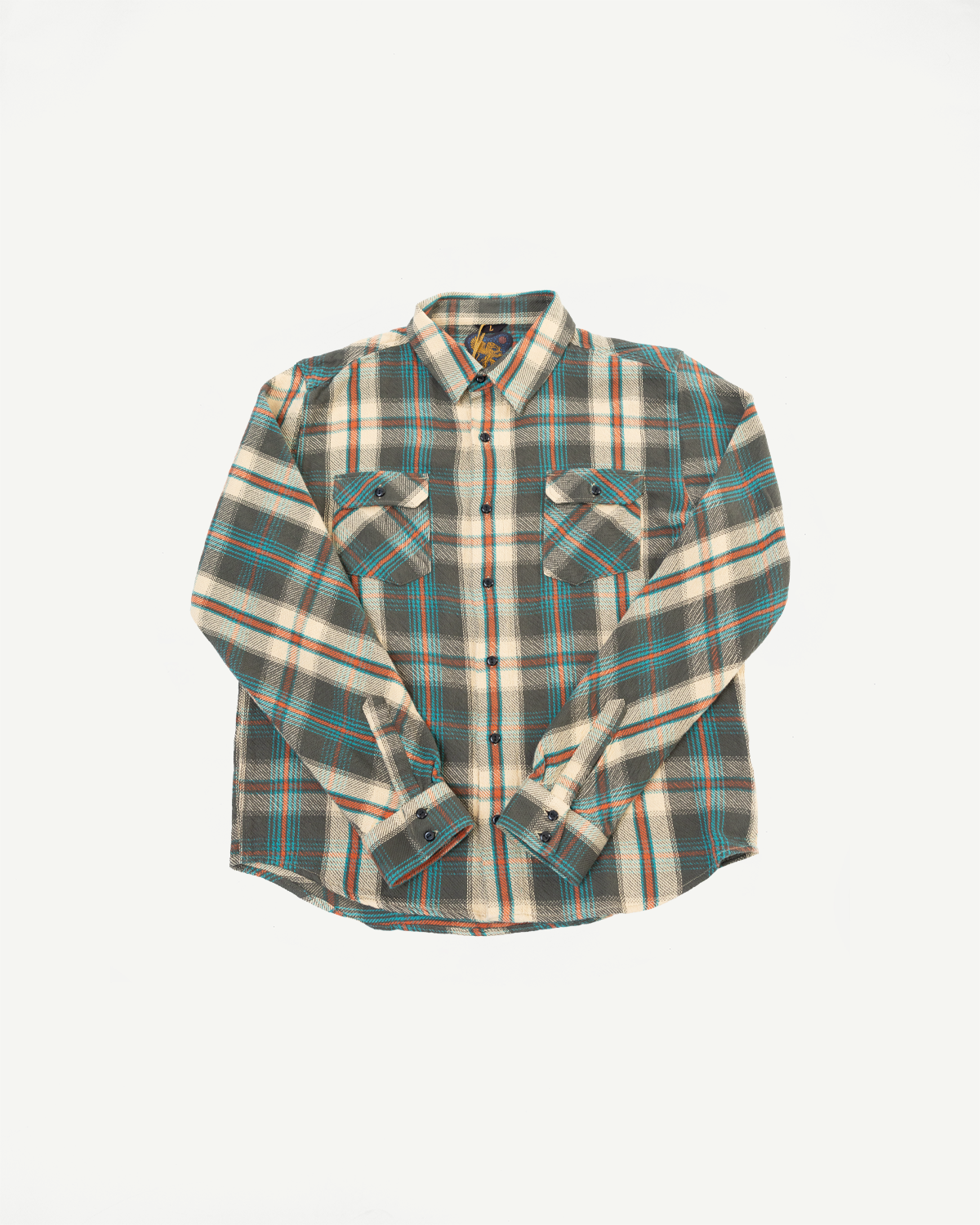 Front view flat lay of a plaid long-sleeve button-down shirt in grey, teal, and orange.