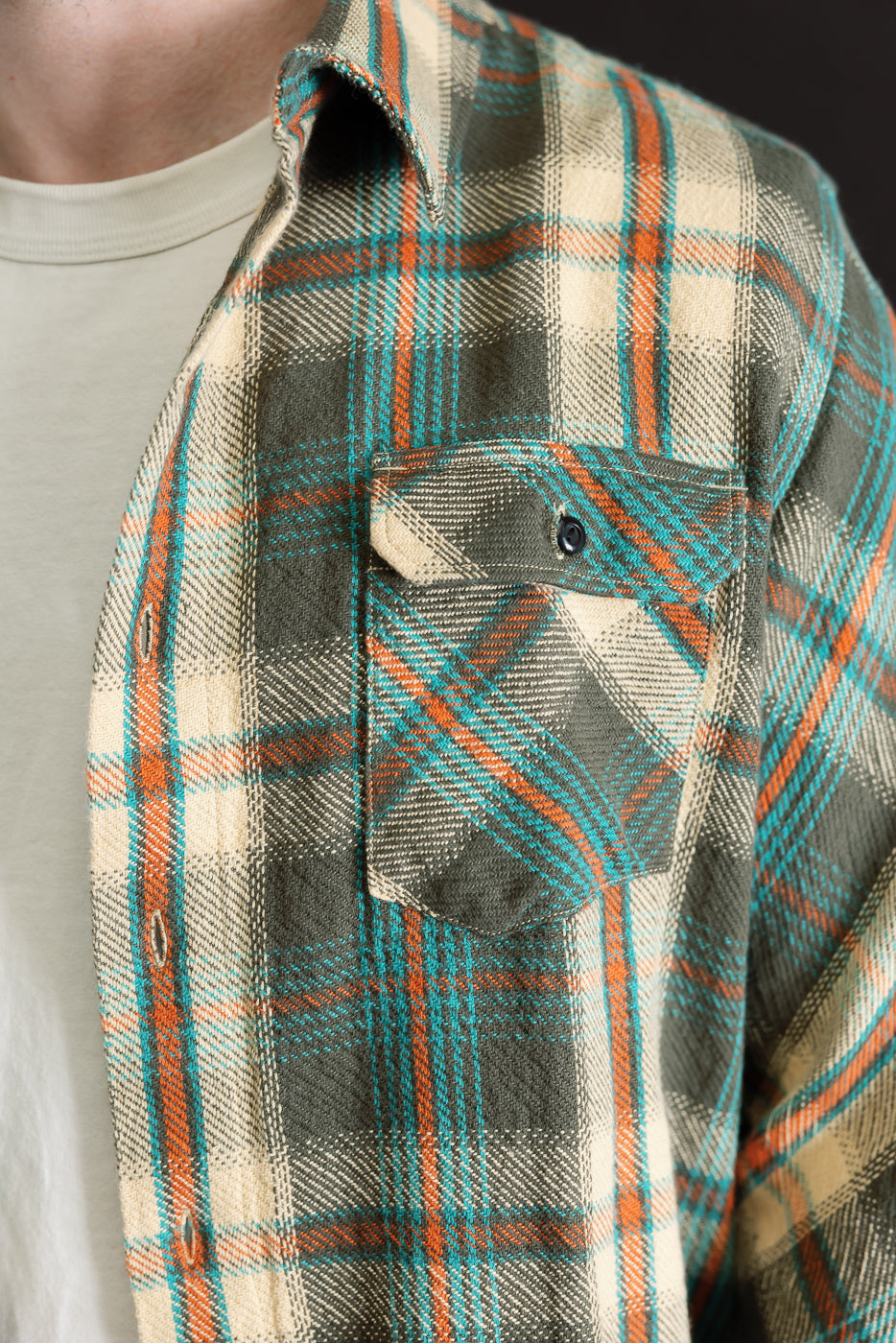 Close-up front view of a plaid flannel shirt pocket and button detail on a male model.