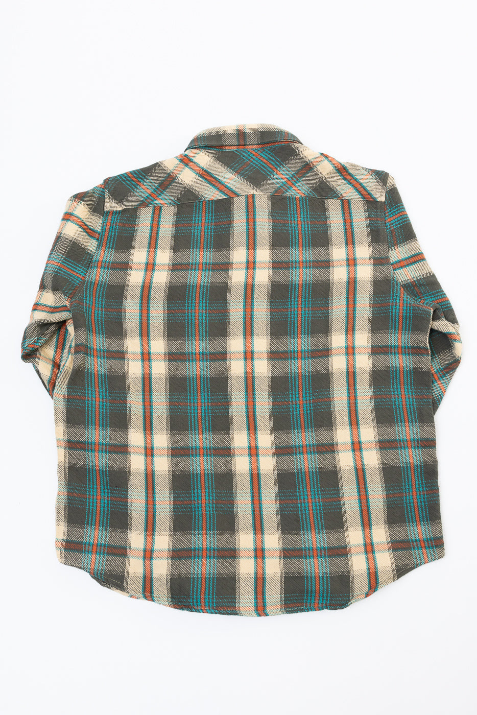 Back view flat lay of a plaid long sleeve button-down shirt in green, tan, and orange.