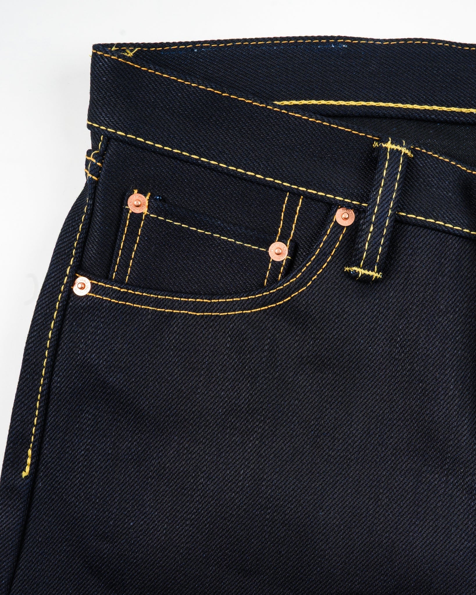 Close-up of Iron Heart IH-634-XHSib indigo black selvedge denim jeans front pocket detail