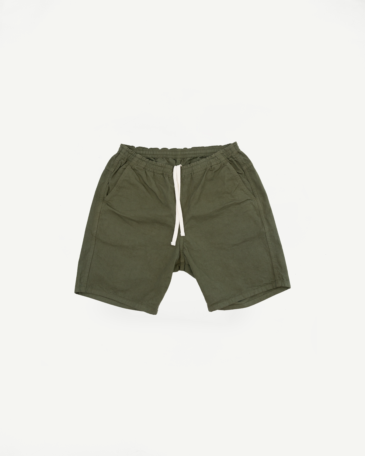 Olive green casual shorts, front view flat lay, elastic waist with white drawstring, relaxed fit