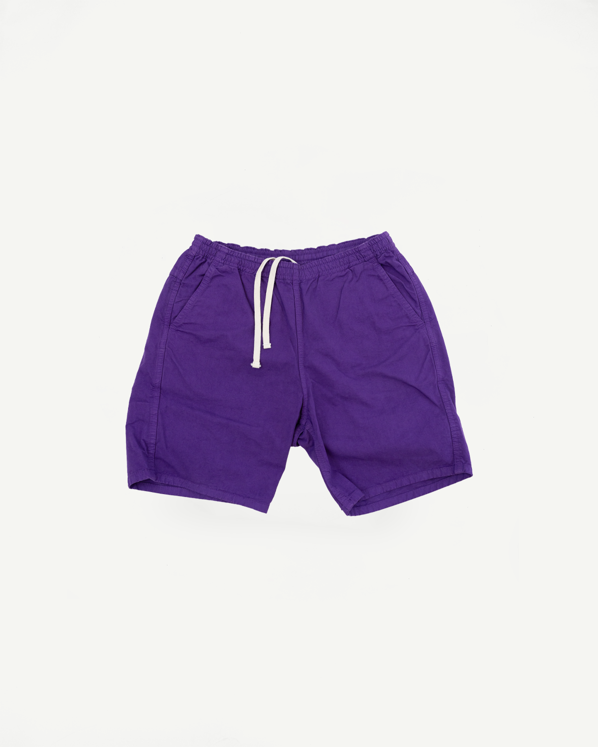 Purple men's casual shorts, front view flat lay, elastic waist with white drawstring, relaxed fit