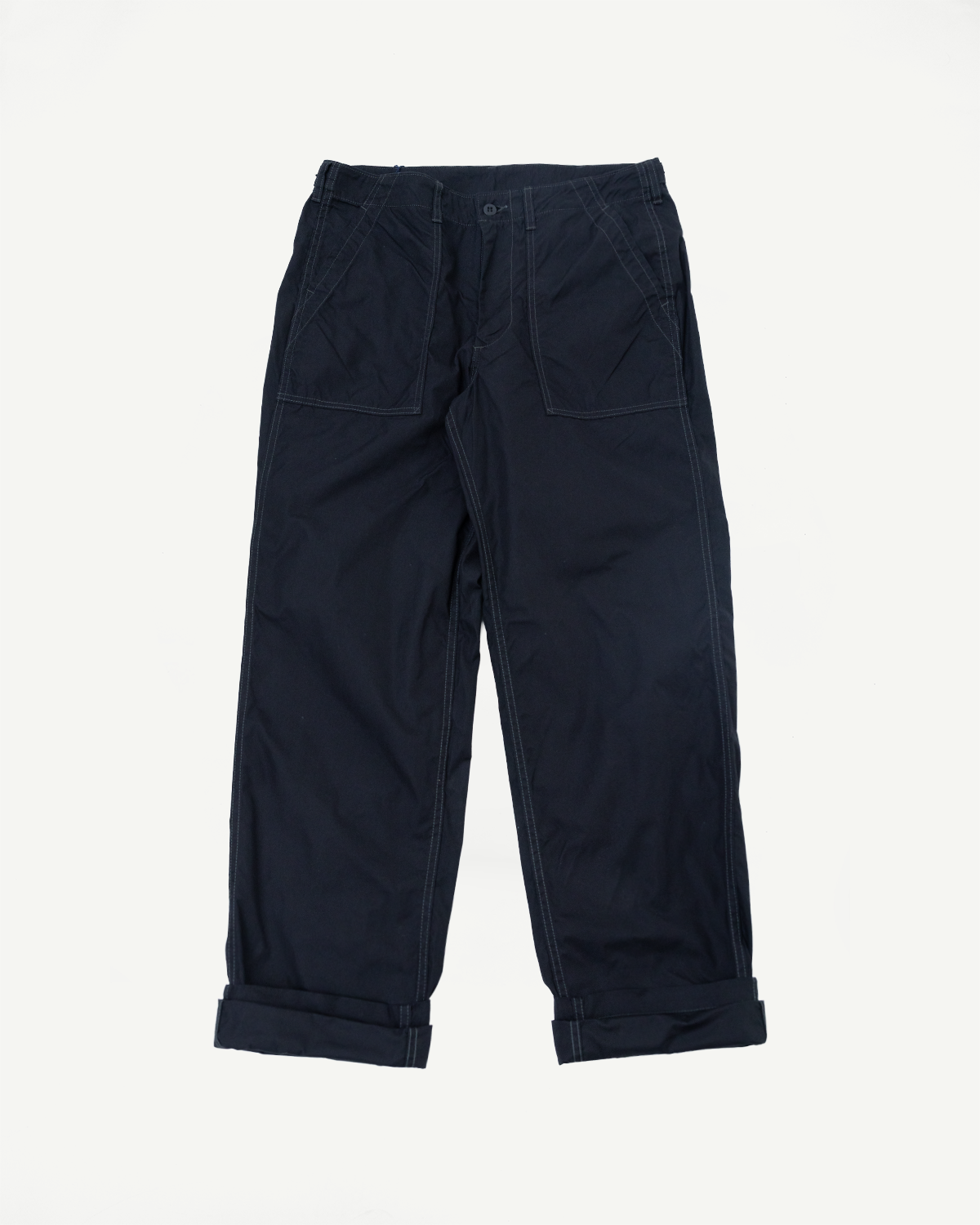 Front view of dark navy casual pants with cuffed hems and visible stitching details