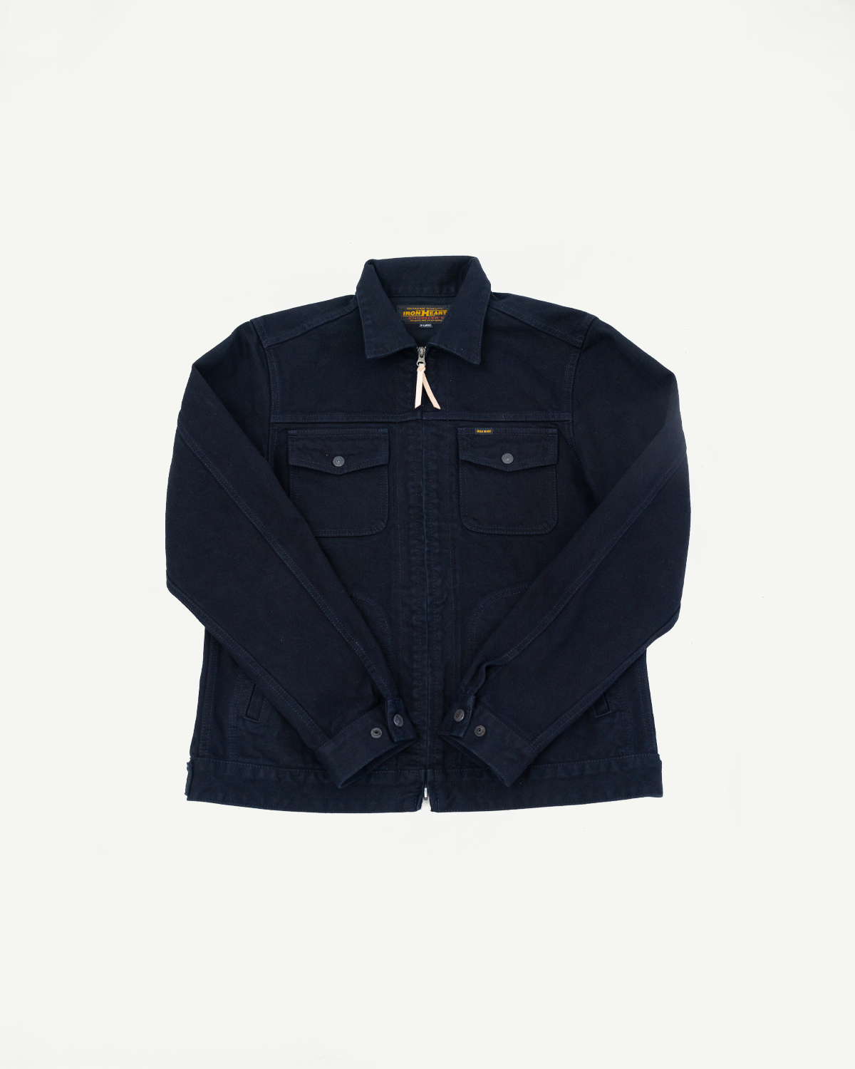 IHJ-123-OD - 14oz Broken Twill Selvedge Denim Work Jacket features a navy-blue, zip-front design with a classic collar, button-flap chest pockets, and side welt pockets.