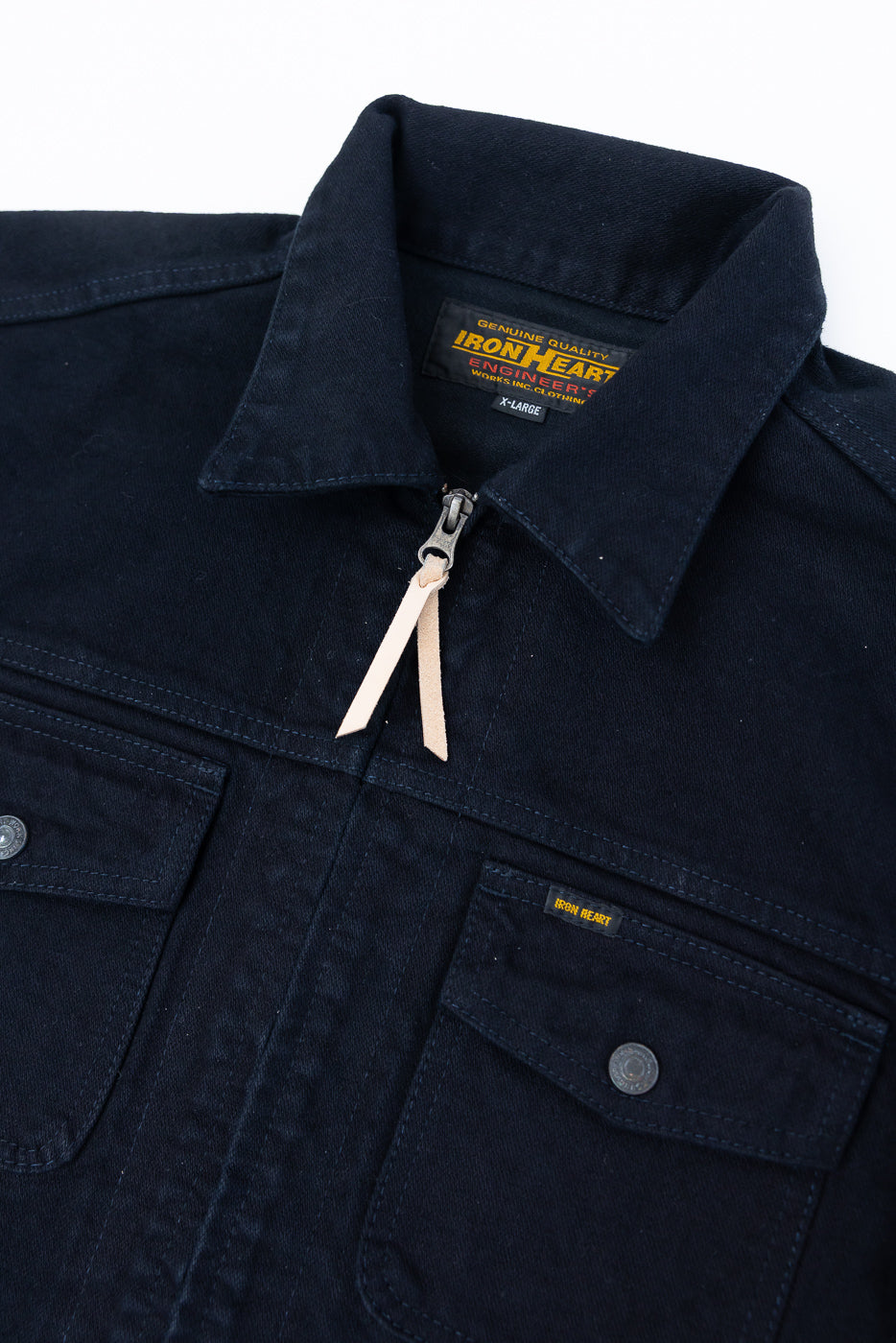 IHJ-123-OD - 14oz Broken Twill Selvedge Denim Work Jacket - Indigo Overdyed Black, featuring a folded collar, metal zipper with leather pull, and twin chest flap pockets on a flat white backdrop.