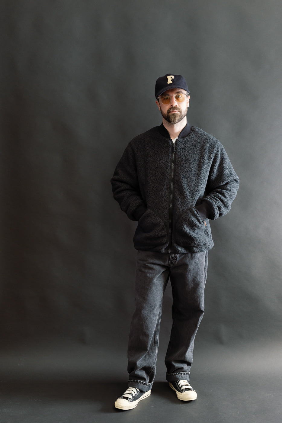 Full body front view of male model 5'9