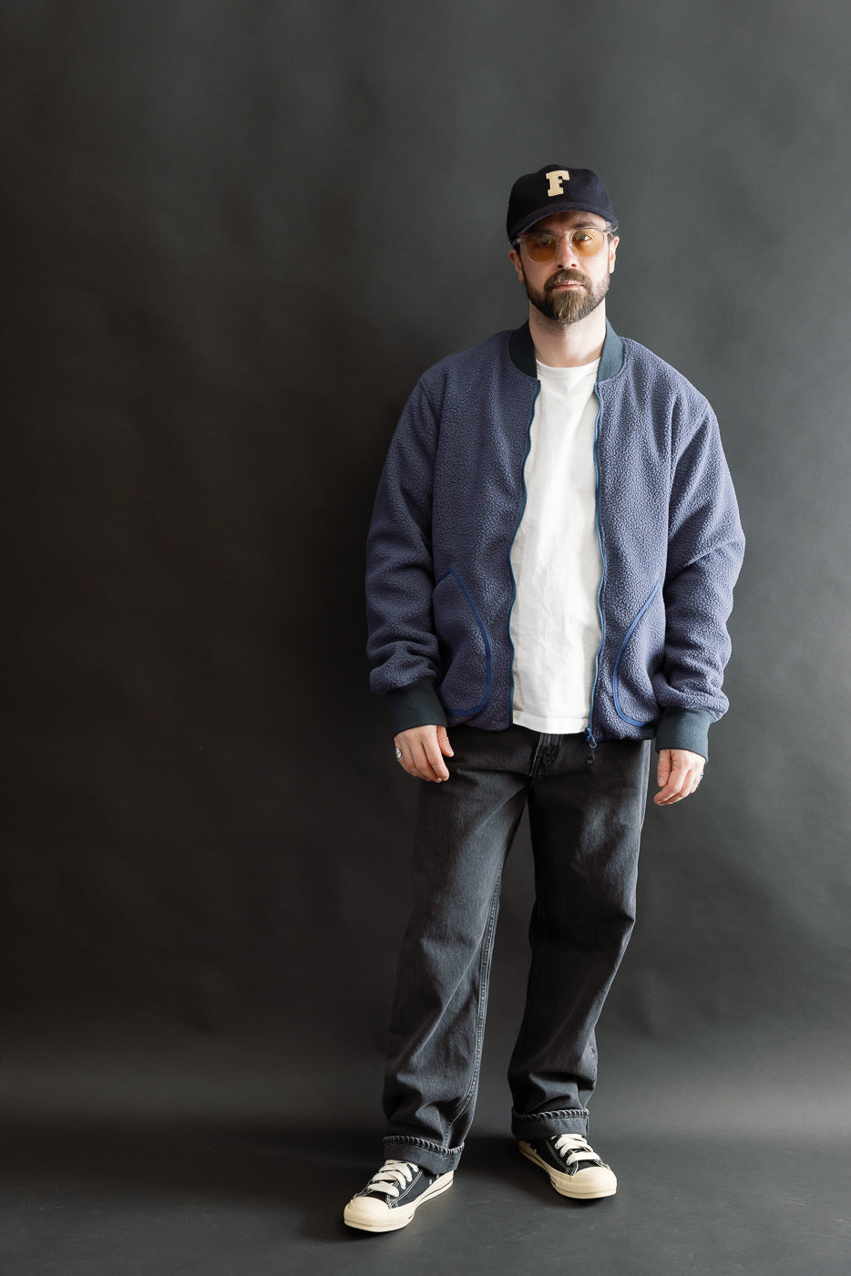 Full body front view of male model, 5'9