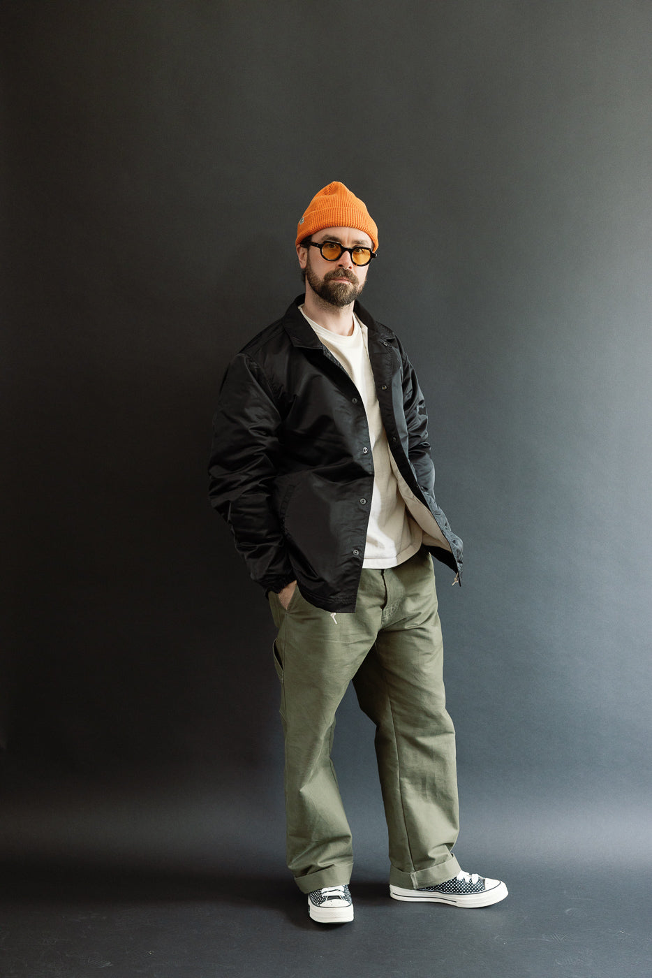 Full body front view of athletic male model 5'9