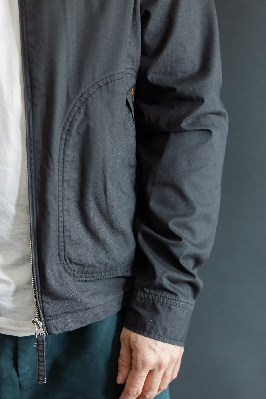 Close-up of male model's side view showing dark jacket pocket, zipper, and sleeve detail