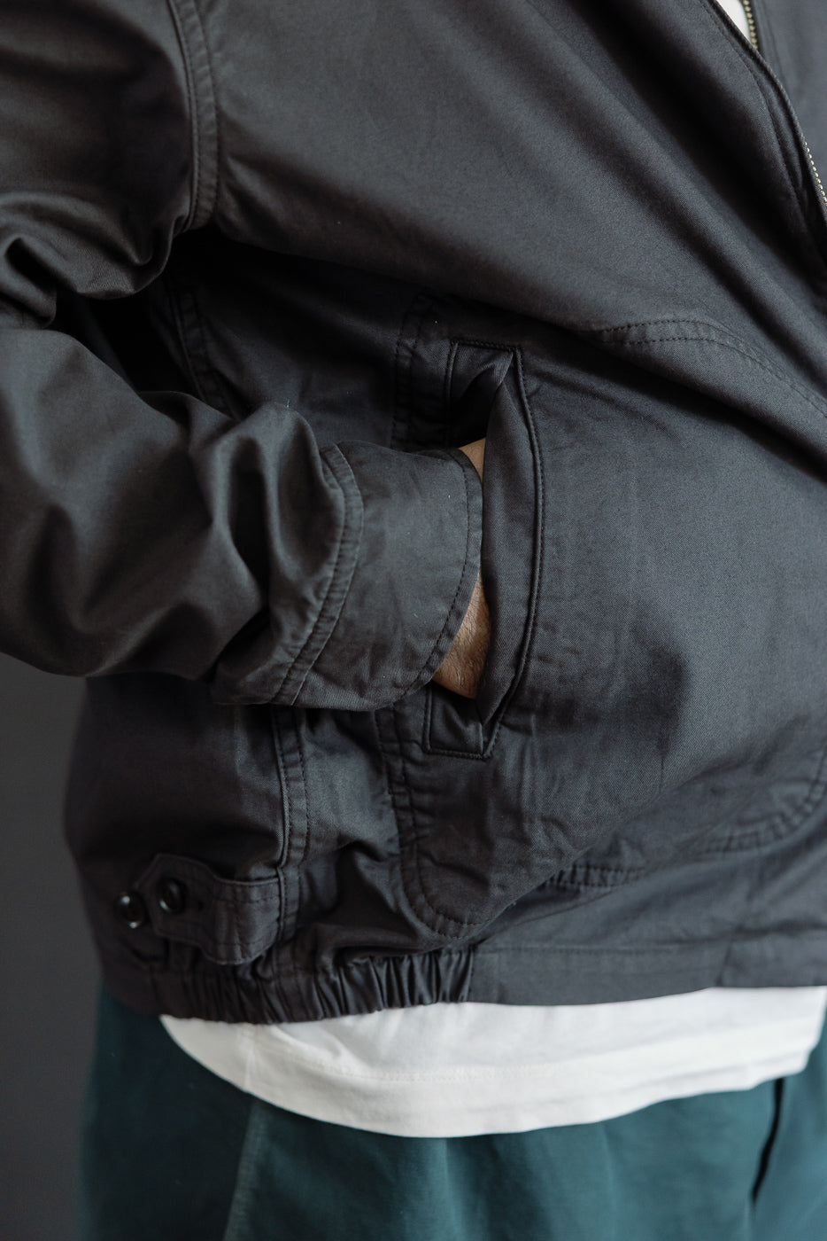 Close-up of male model's side pocket on black jacket, athletic build, 5'9