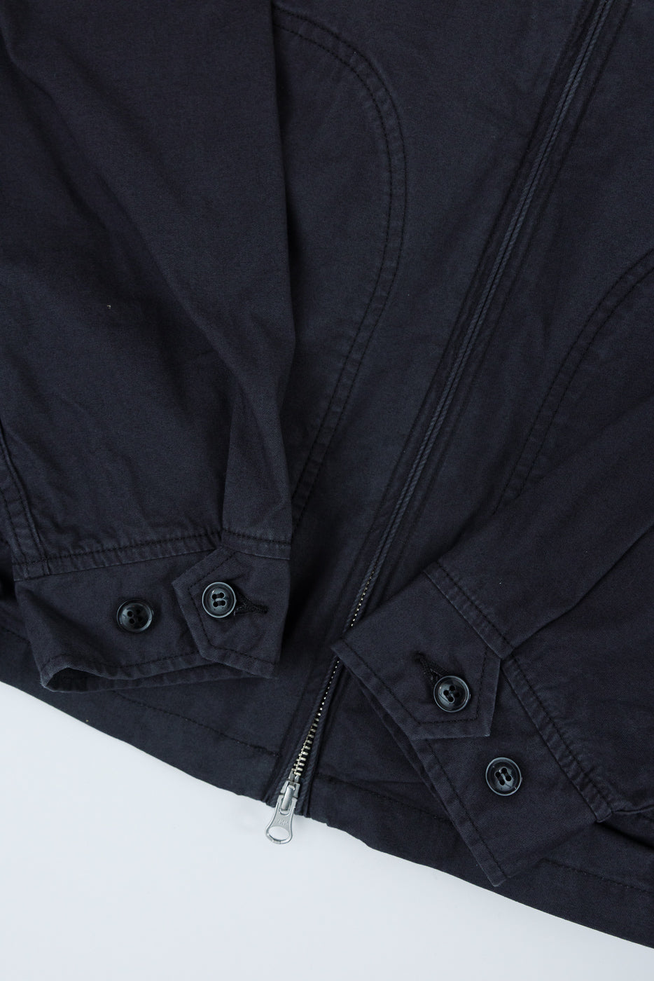 Close-up of black jacket front, showing zipper, buttons, and fabric texture