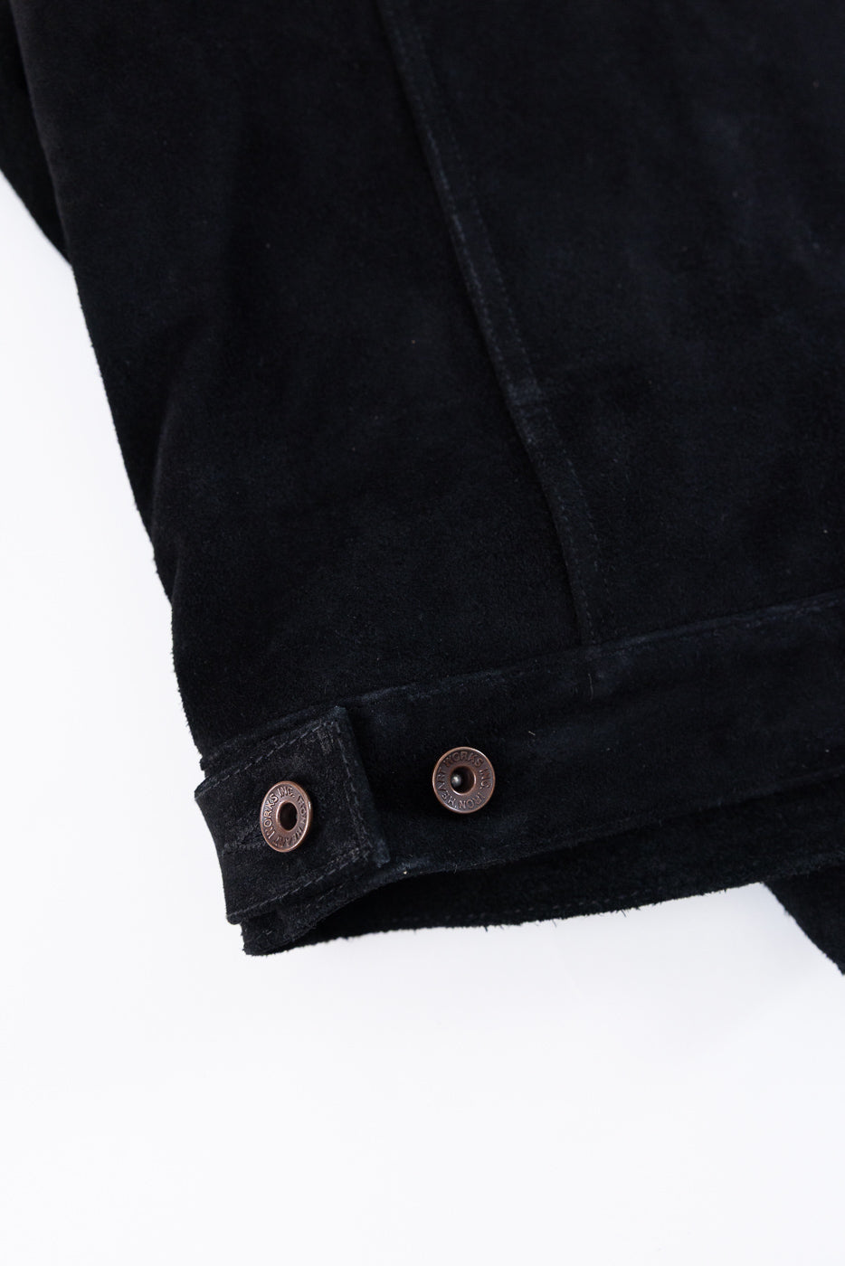 Close-up of black jacket sleeve cuff with copper buttons and textured fabric