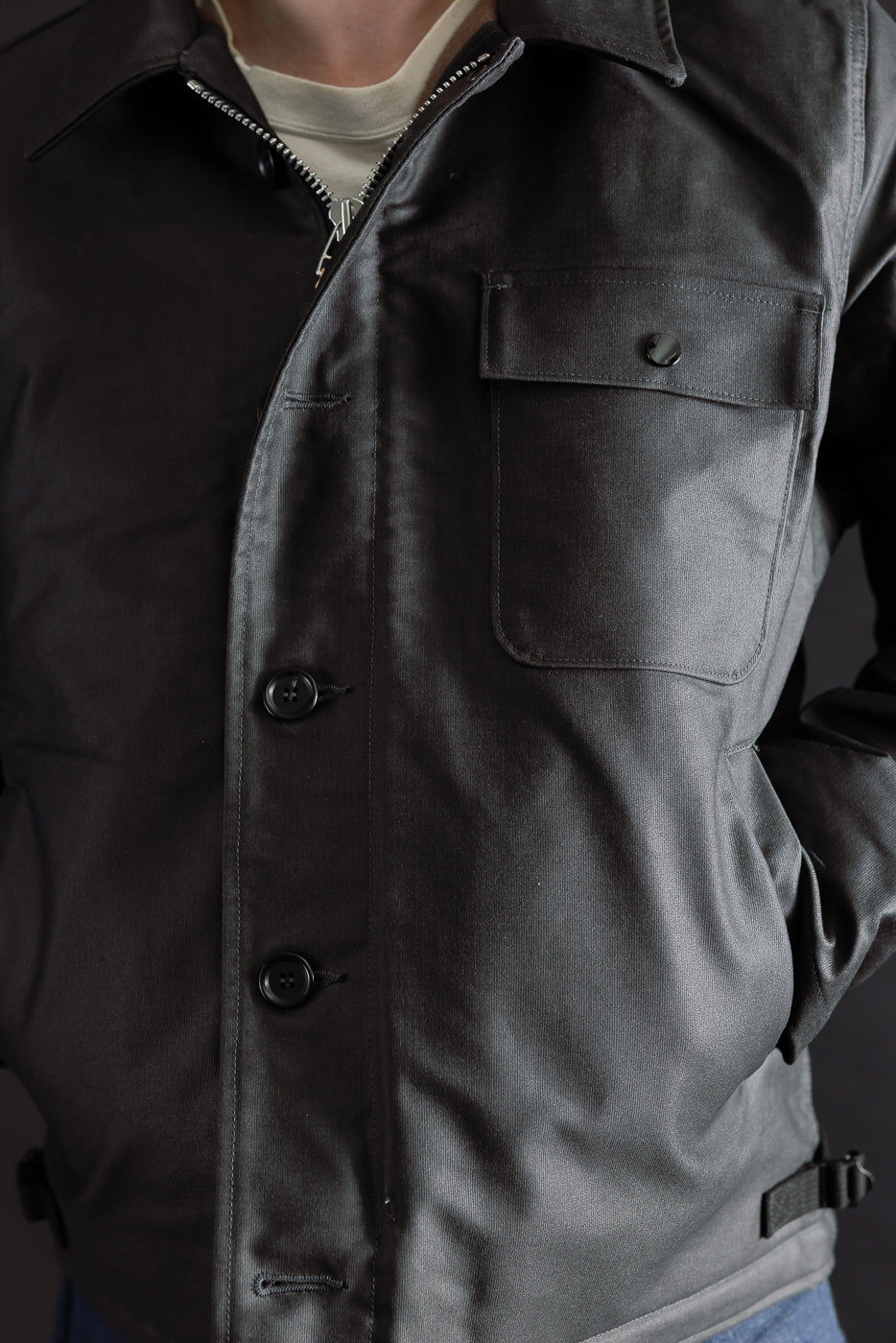 IHM-45-BLK - Oiled Whipcord A2 Deck Jacket - Black