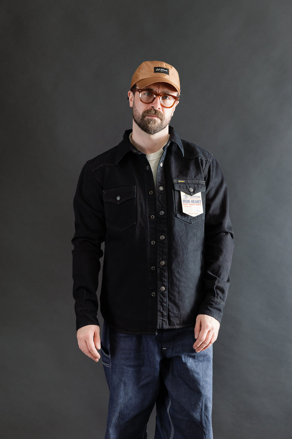 IHSH-293-OD - 18oz Vintage Selvedge Denim CPO Shirt - Indigo Overdyed Black
