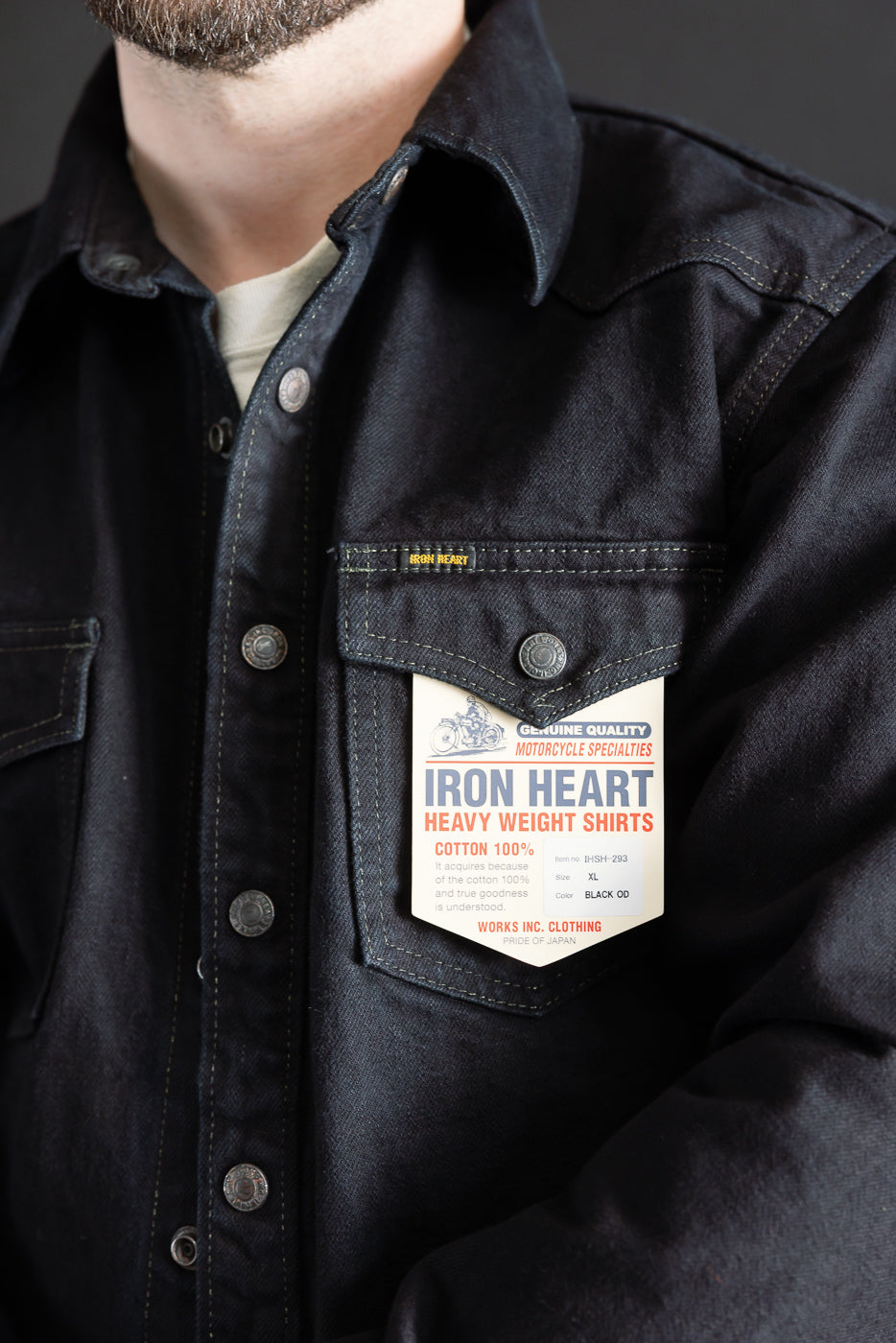 IHSH-293-OD - 18oz Vintage Selvedge Denim CPO Shirt - Indigo Overdyed Black