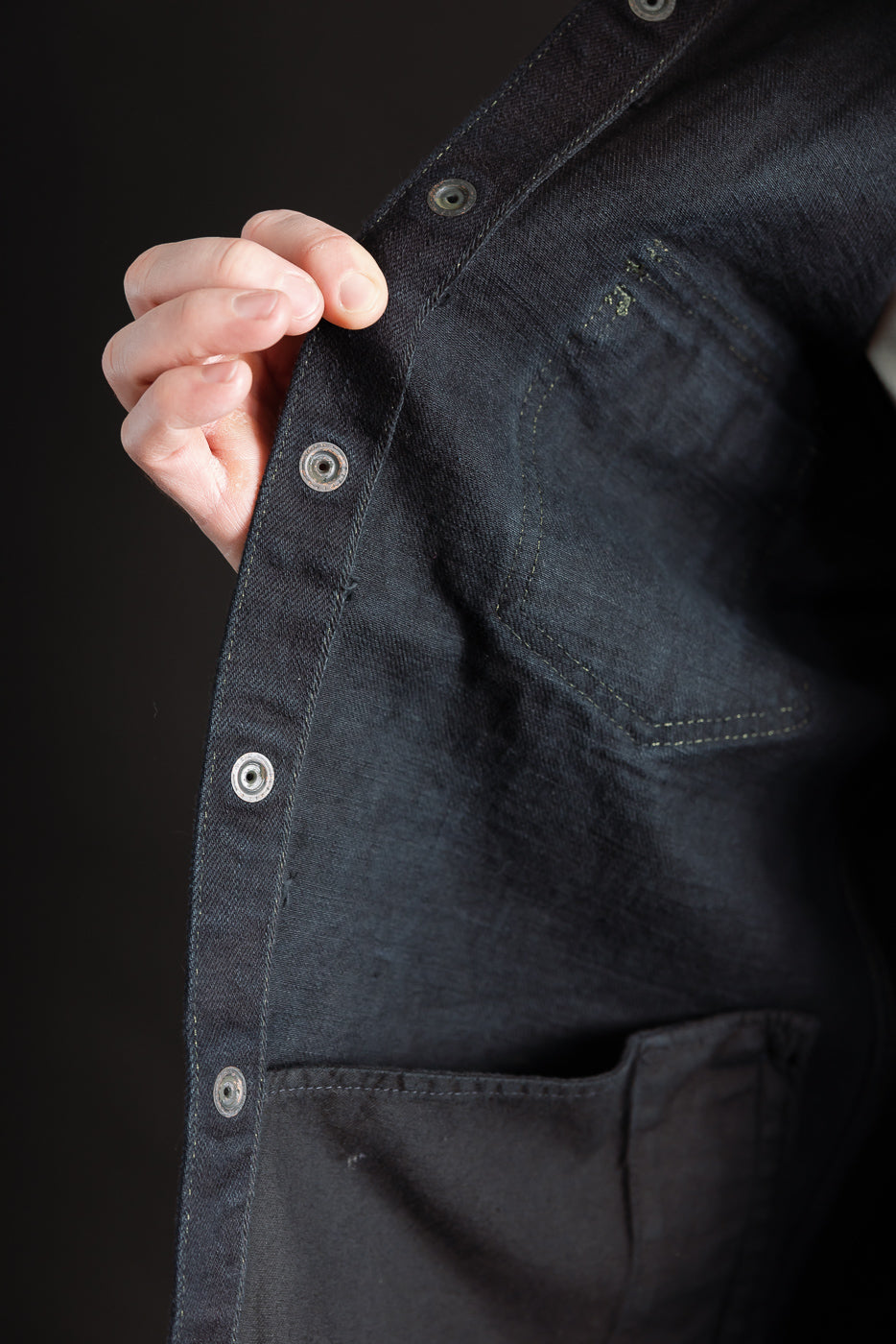 IHSH-293-OD - 18oz Vintage Selvedge Denim CPO Shirt - Indigo Overdyed Black