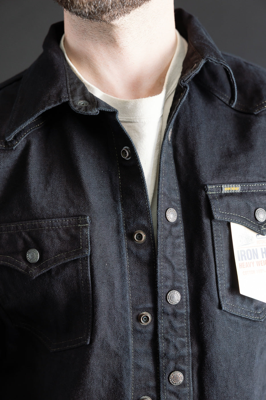 IHSH-293-OD - 18oz Vintage Selvedge Denim CPO Shirt - Indigo Overdyed Black