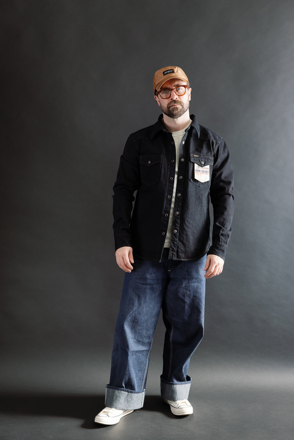 IHSH-293-OD - 18oz Vintage Selvedge Denim CPO Shirt - Indigo Overdyed Black