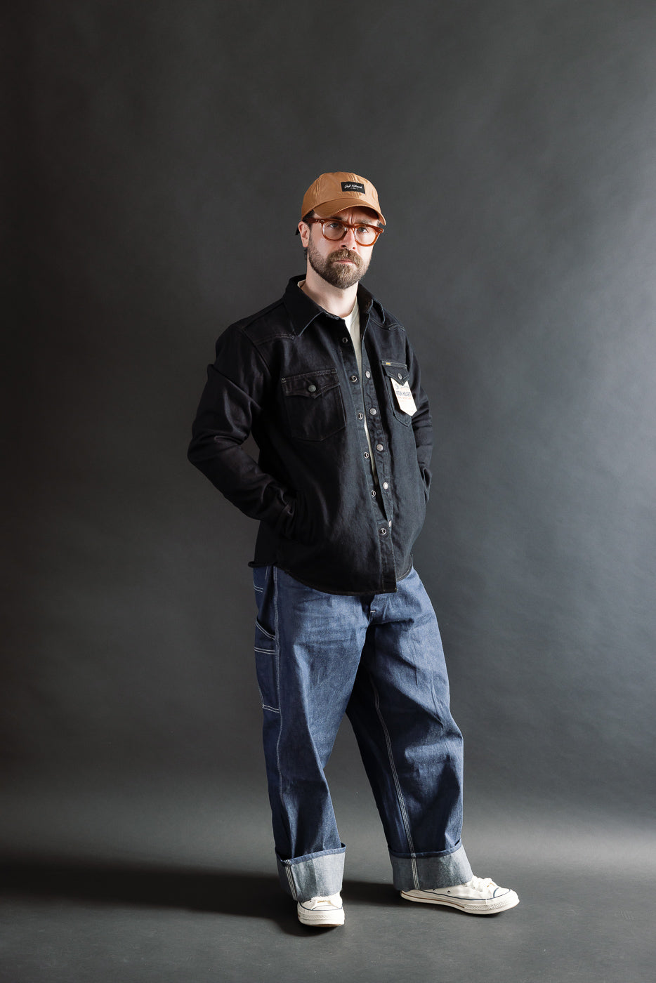 IHSH-293-OD - 18oz Vintage Selvedge Denim CPO Shirt - Indigo Overdyed Black