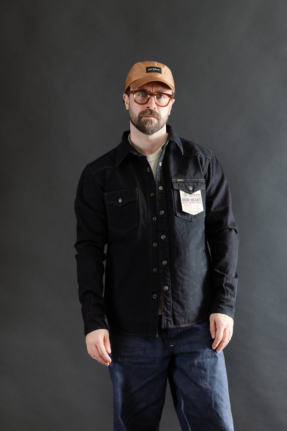 IHSH-293-OD - 18oz Vintage Selvedge Denim CPO Shirt - Indigo Overdyed Black