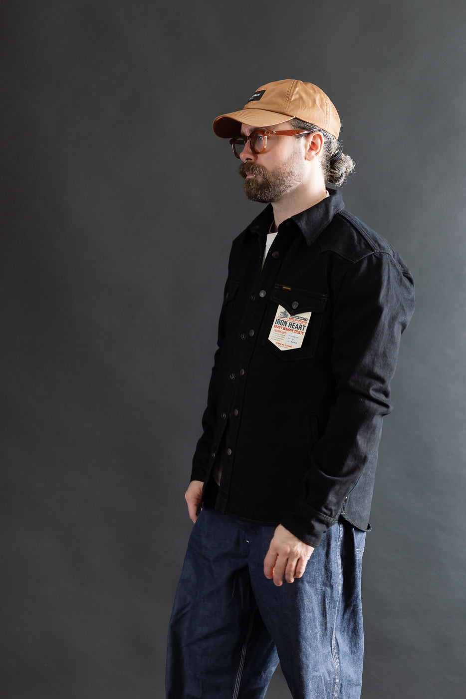 IHSH-293-OD - 18oz Vintage Selvedge Denim CPO Shirt - Indigo Overdyed Black